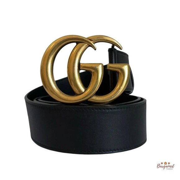 Authentic Gucci Black Smooth Calfskin Leather Gold Double G Buckle Belt 85/34 - Picture 1 of 13